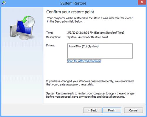 System Restore Wizard, Save Settings